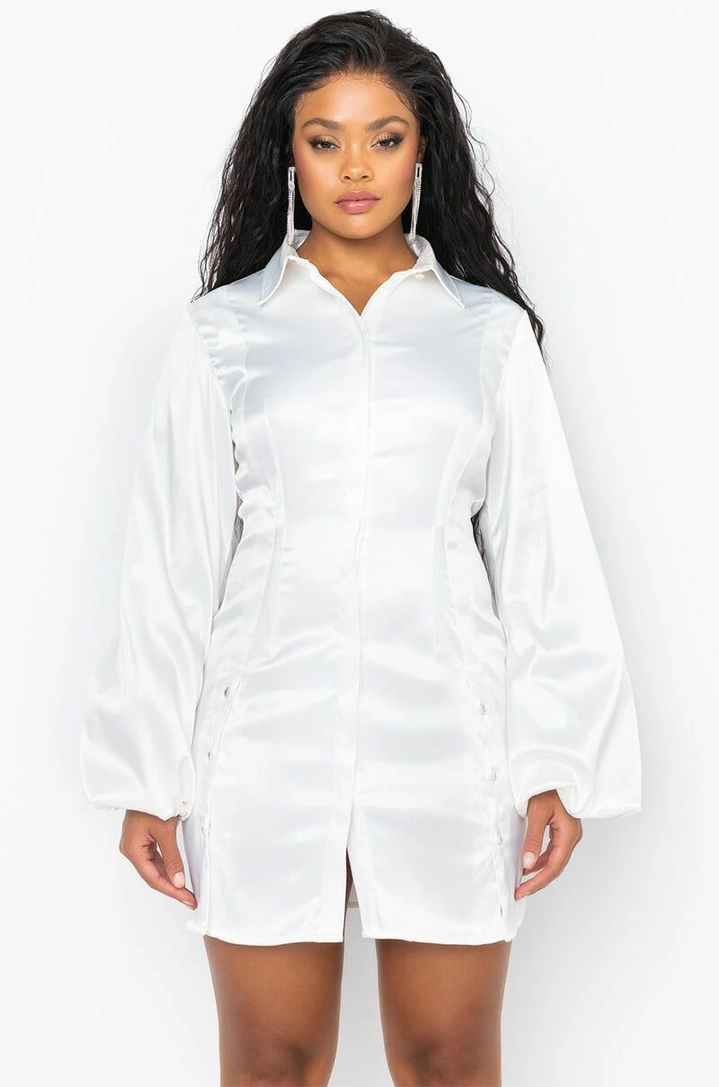 GOLDEN LOOKS BUTTON UP MINI DRESS WITH FASHION SLEEVES - Image 3