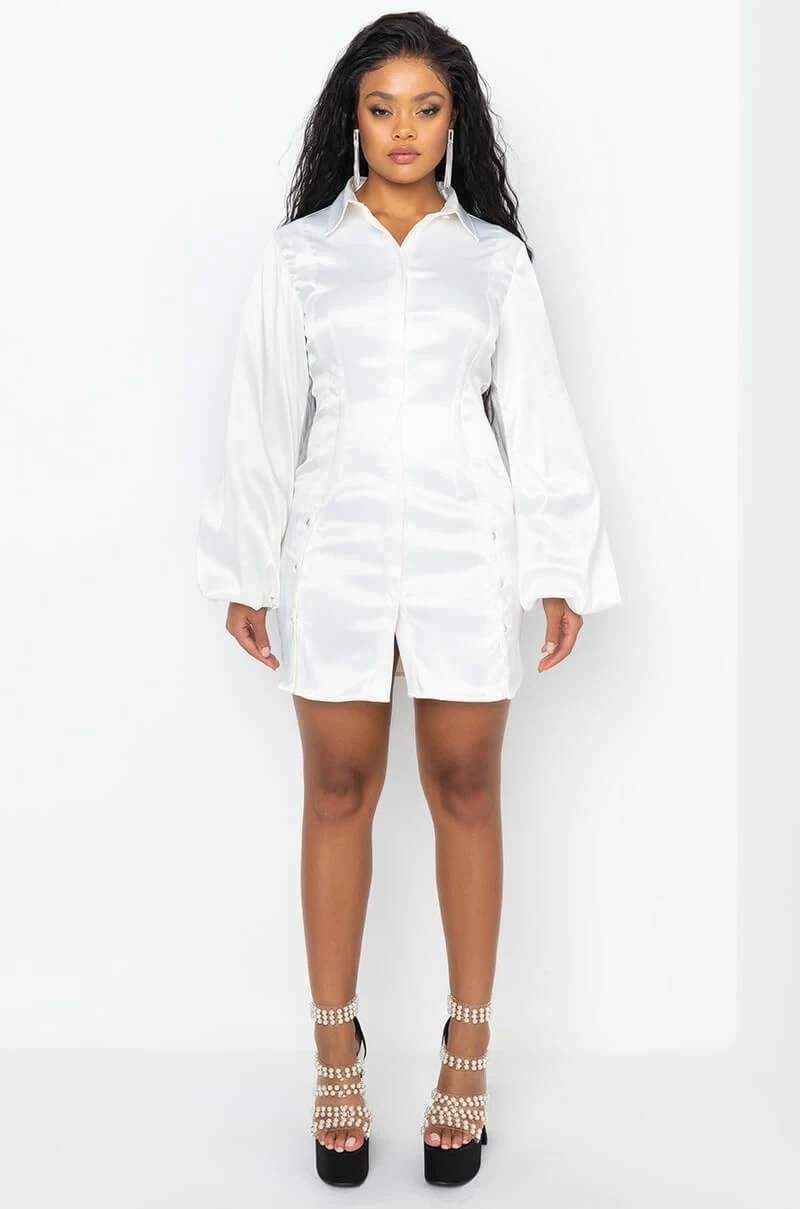 GOLDEN LOOKS BUTTON UP MINI DRESS WITH FASHION SLEEVES - Image 7