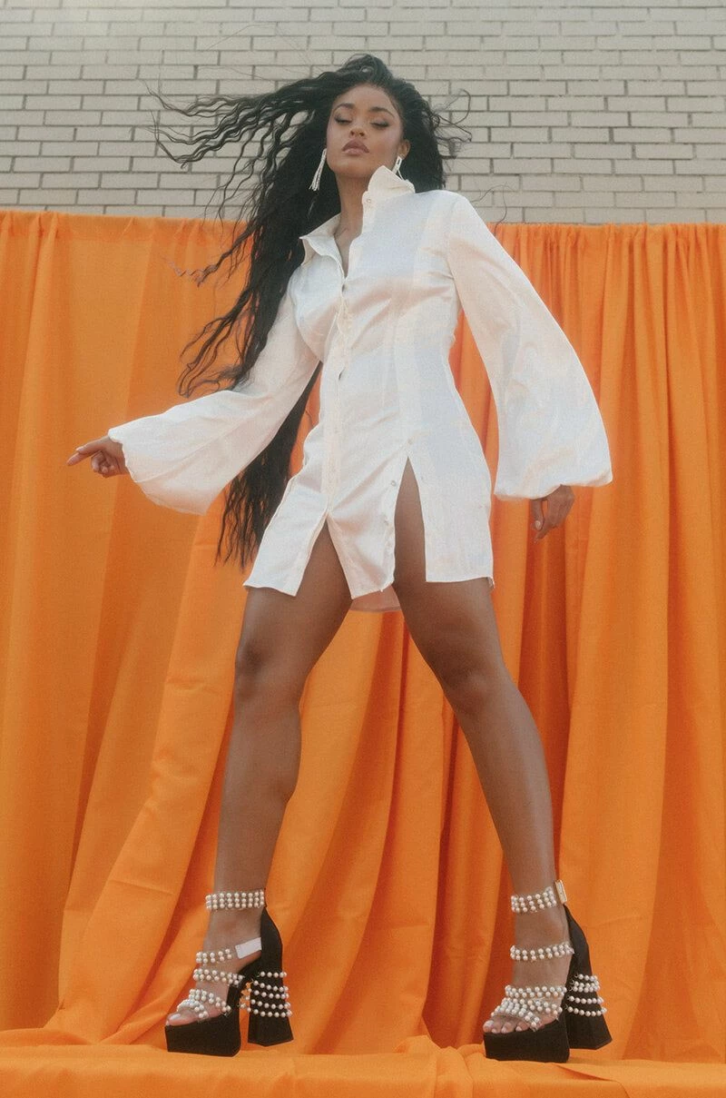 GOLDEN LOOKS BUTTON UP MINI DRESS WITH FASHION SLEEVES - Image 8