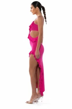 HAPPY SPIRITS RUFFLE KNIT MAXI DRESS 13 HAPPY SPIRITS RUFFLE KNIT MAXI DRESS -AKIRA Shop happy spirits ruffle knit maxi dress fuchsia 5 5 c1