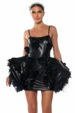 IN BLOOM FAUX LEATHER FLARED MINI DRESS IN BLACK