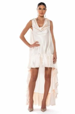 LONNIE COWL NECK HIGH LOW SATIN MIDI DRESS