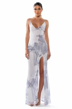 LOVE TO LOVE YOU DENIM PRINT SLIT MAXI DRESS