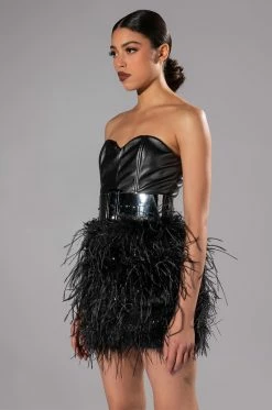 MALIA FAUX LEATHER FEATHER SKIRT STRAPLESS MINI DRESS