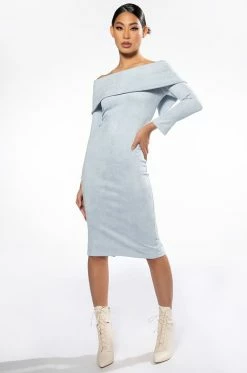 MODEL BEHAVIOR OFF SHOULDER FAUX SUEDE MIDI DRESS