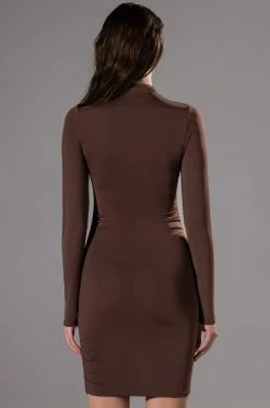PAXTON ELEVATE RUCHED LONG SLEEVE MINI DRESS -AKIRA Shop paxton elevate ruched long sleeve mini dress brown 4 4