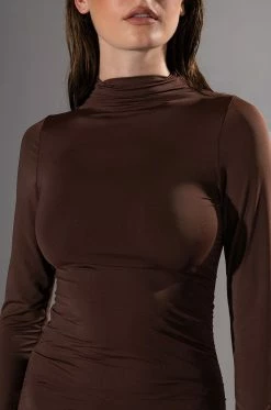 PAXTON ELEVATE RUCHED LONG SLEEVE MINI DRESS -AKIRA Shop paxton elevate ruched long sleeve mini dress brown 5 5