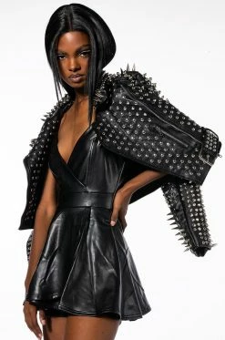 PRETTY WILD FIT AND FLARE FAUX LEATHER ROMPER MINI DRESS WITH 4 WAY STRETCH