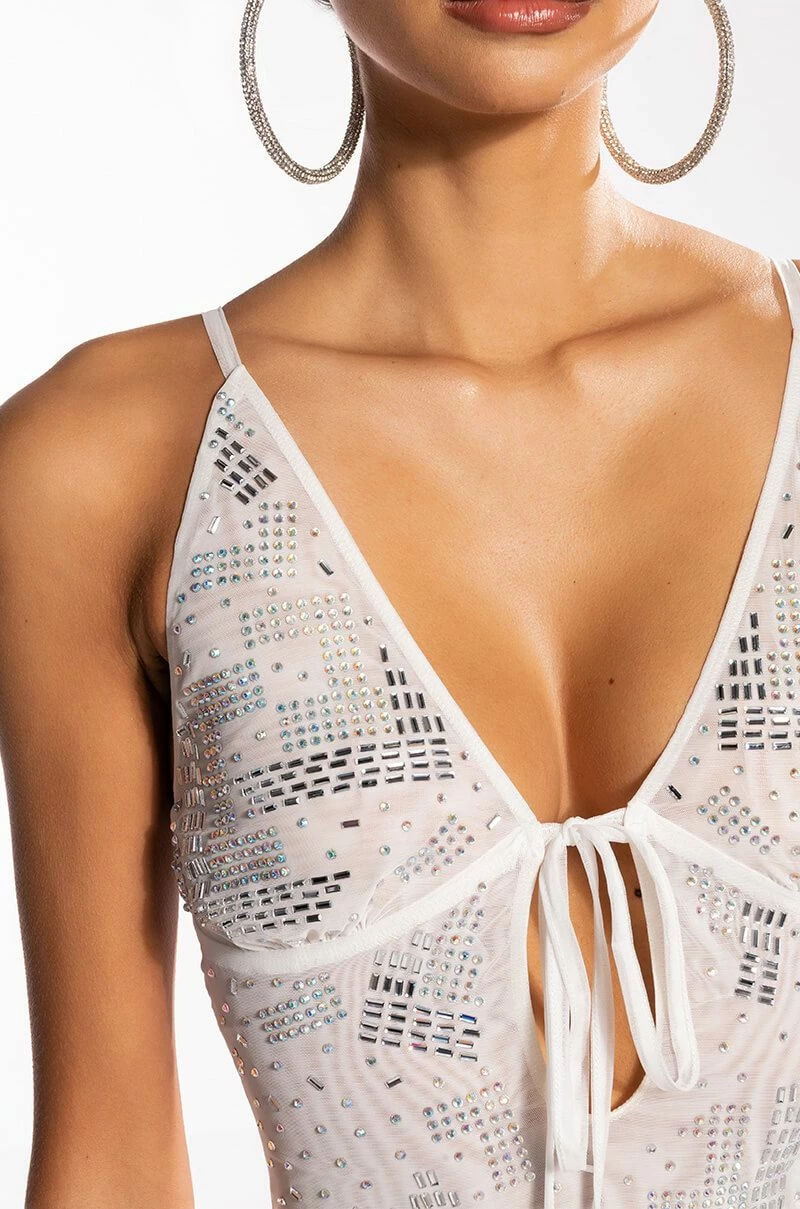 PULL ME CLOSER CROSS NECK RHINESTONE MINI DRESS - Image 6