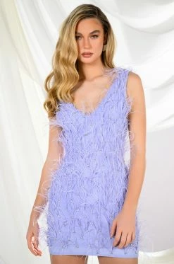 RENDEZVOUS SLEEVELESS FEATHER MINI DRESS IN PURPLE