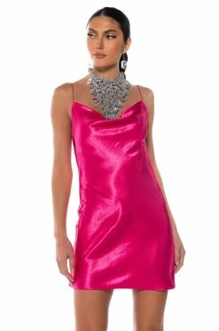 ROMANCE LIVES ON COWL NECK MINI DRESS IN FUCHSIA