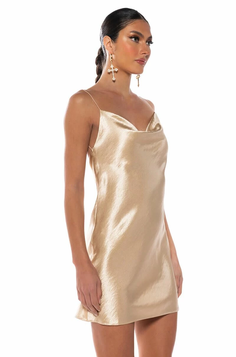 ROMANCE LIVES ON COWL NECK MINI DRESS IN LIGHT BROWN - Image 2
