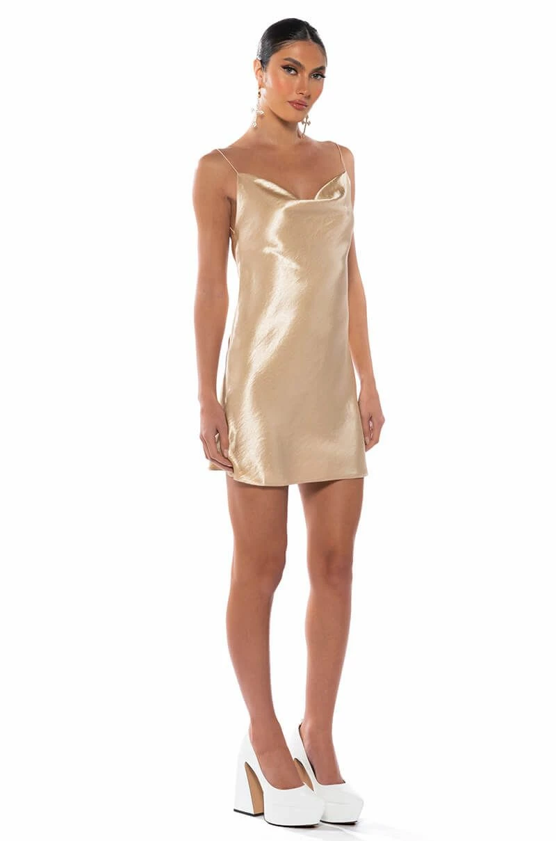 ROMANCE LIVES ON COWL NECK MINI DRESS IN LIGHT BROWN - Image 4