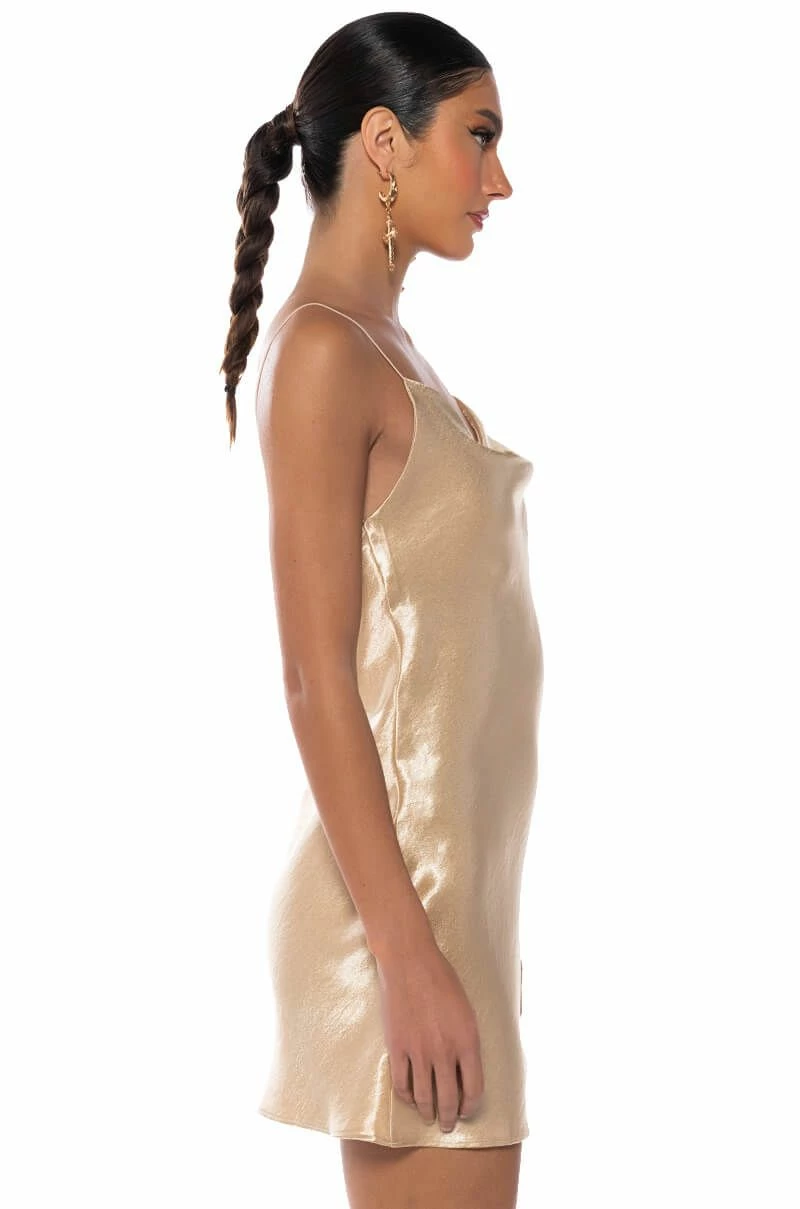 ROMANCE LIVES ON COWL NECK MINI DRESS IN LIGHT BROWN - Image 5