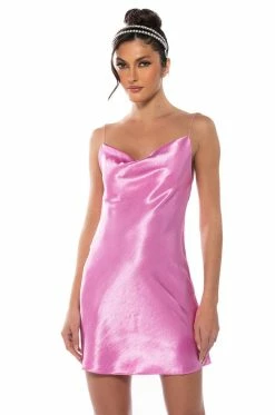 ROMANCE LIVES ON COWL NECK MINI DRESS IN PURPLE