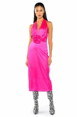 SERENDIPITY SATIN HALTER NECK MIDI DRESS