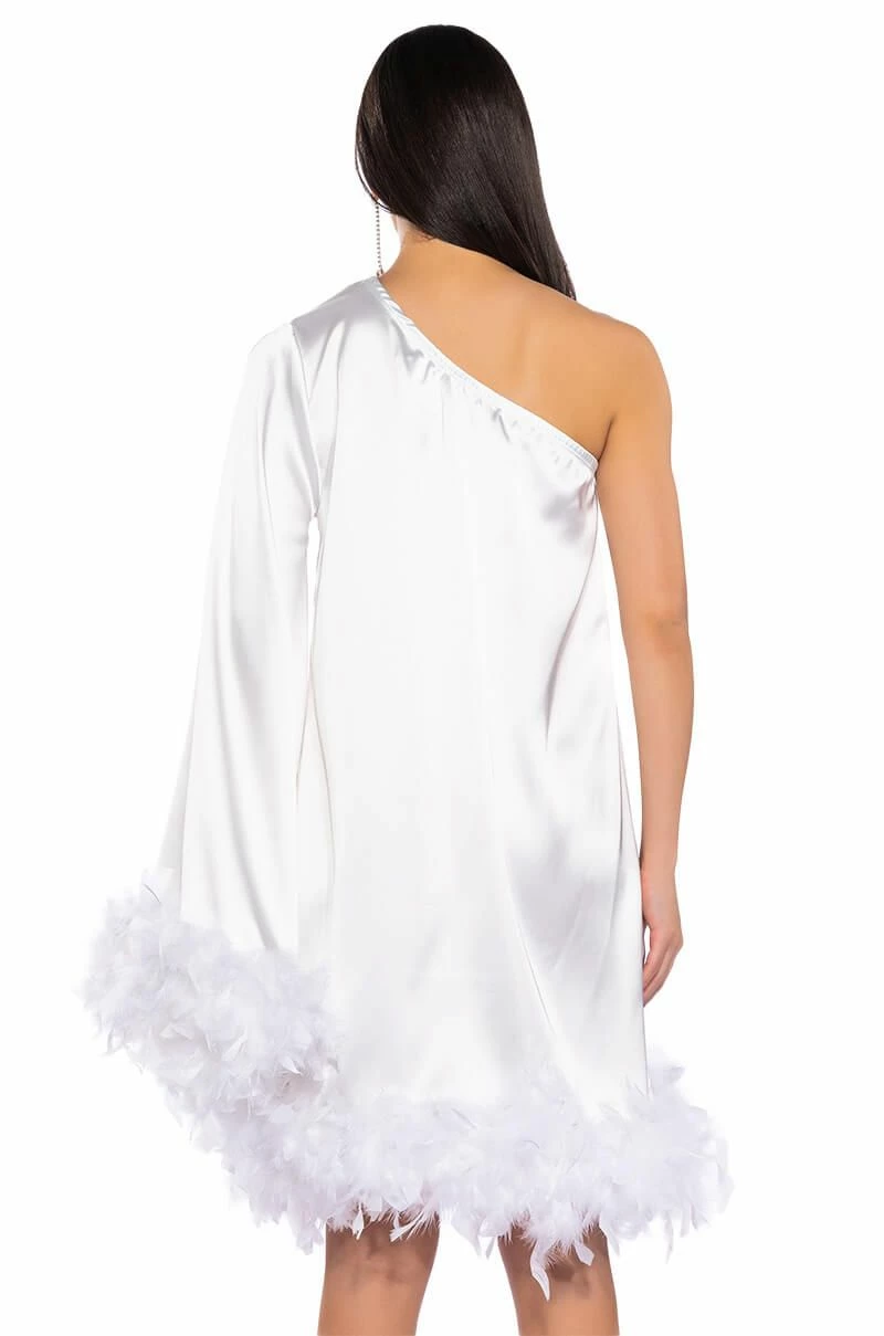 SHES ALL THAT ONE SLEEVE FEATHER MINI DRESS IN WHITE - Image 7