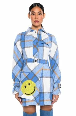 SMILEY EMBELLISHED PATCH FLANNEL TRENCH MINI DRESS