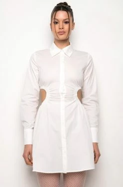 SUCH A LOOK OPEN BACK BUTTON UP FIT AND FLARE MINI DRESS -AKIRA Shop such a look open back button up fit and flare mini dress white 5 5