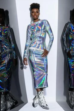 TALK ABOUT ME HOLOGRAPHIC MIDI DRESS
