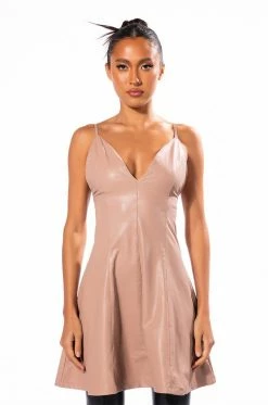 VEGAN LEATHER ESSENTIAL MINI DRESS -AKIRA Shop vegan leather essential mini dress brown 3 3 c1