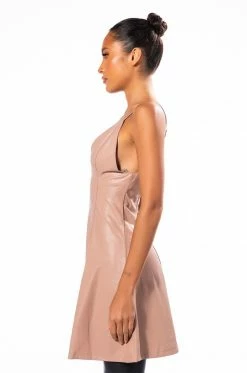 VEGAN LEATHER ESSENTIAL MINI DRESS -AKIRA Shop vegan leather essential mini dress brown 4 4 c1