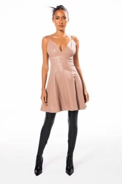 VEGAN LEATHER ESSENTIAL MINI DRESS -AKIRA Shop vegan leather essential mini dress brown 7 7 c1