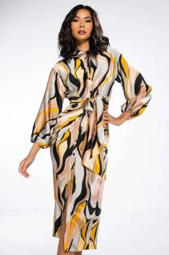 WORK OF ART BUTTON DOWN TIE WAIST MIDI DRESS