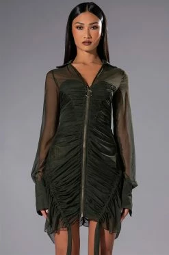 WREN RUCHED ZIP UP MESH MINI DRESS IN OLIVE